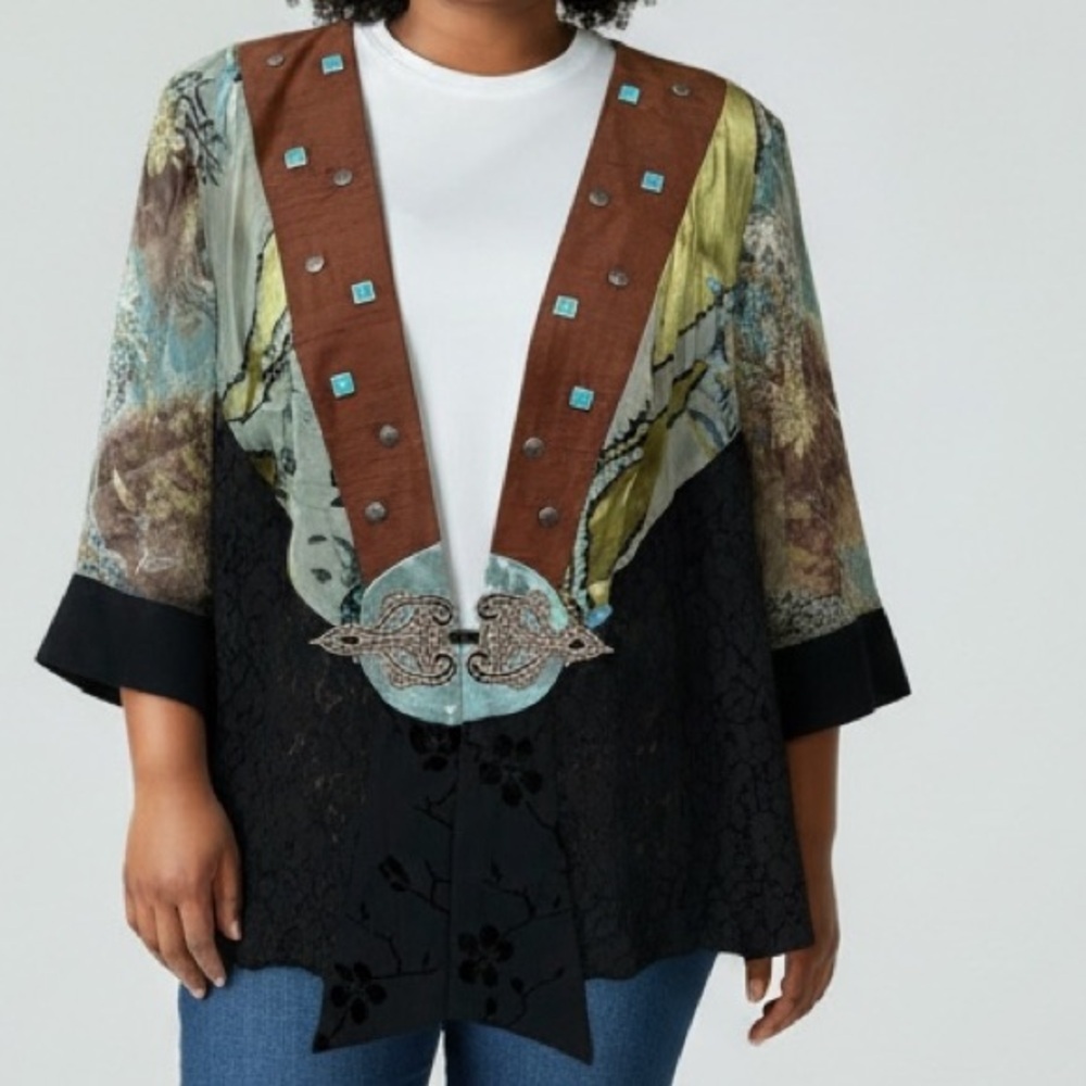 Spencer Alexis Kimono Jacket Women's Size 1X Black Brown Floral Lace Silk Blend